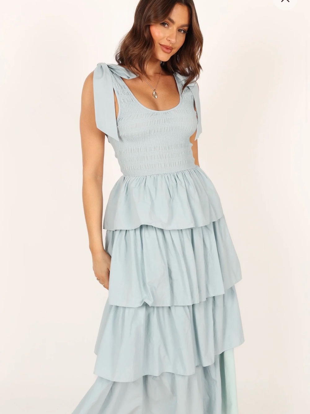 Petal & Pup Light Blue Tiered Maxi Dress with Tie Shoulders